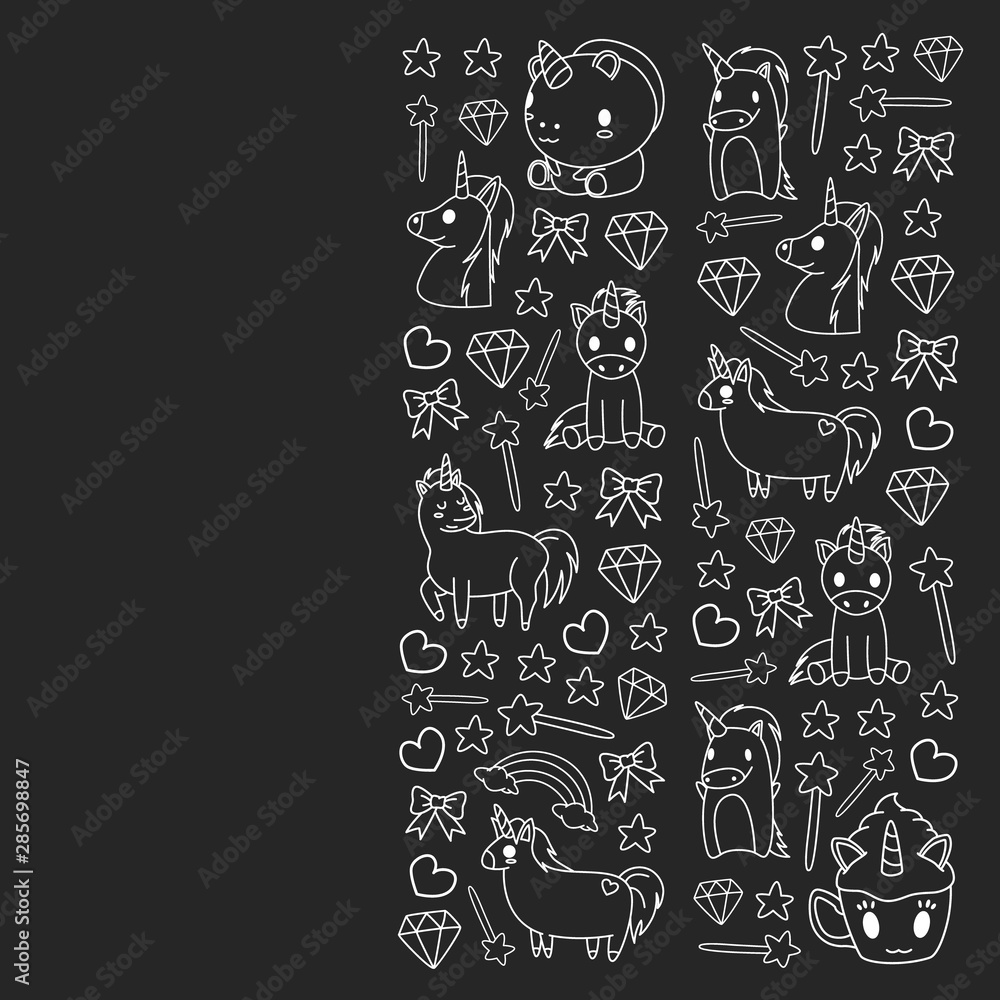 Children pattern with fairy tale unicors for kids clothes, posters, banners, shirts. Vector image with cartoon character. Children pattern with fairy tale unicors for kids clothes, posters, banners, shirts. Vector image with cartoon character.