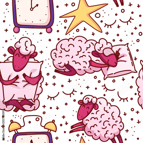 Cute sheeps vector illustration. The concept of trying to sleep, counting the sheep, insomnia, sleep disorders. Vector Seamless pattern.