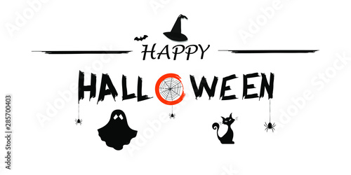 Happy Halloween vector lettering. Holiday calligraphy with ghost, cat, bat spiders and web for banner, poster, greeting card, party invitation. Isolated illustration.