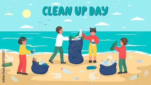 Group of children cleaning up sea beach. 