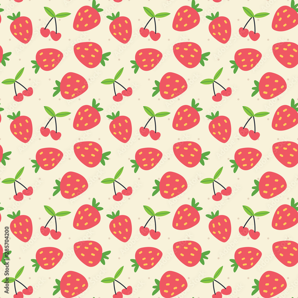 Cherry strawberry seamless pattern with polka dots on Apricot White background Cherry strawberry seamless pattern with polka dots on Apricot White background