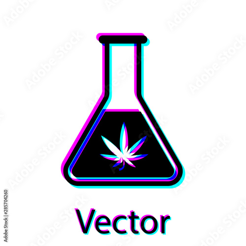 Black Chemical test tube with marijuana or cannabis leaf icon isolated on white background. Research concept. Laboratory CBD oil concept. Vector Illustration