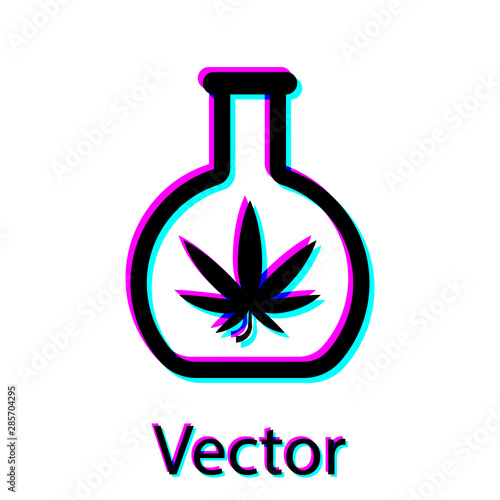 Black Chemical test tube with marijuana or cannabis leaf icon isolated on white background. Research concept. Laboratory CBD oil concept. Vector Illustration