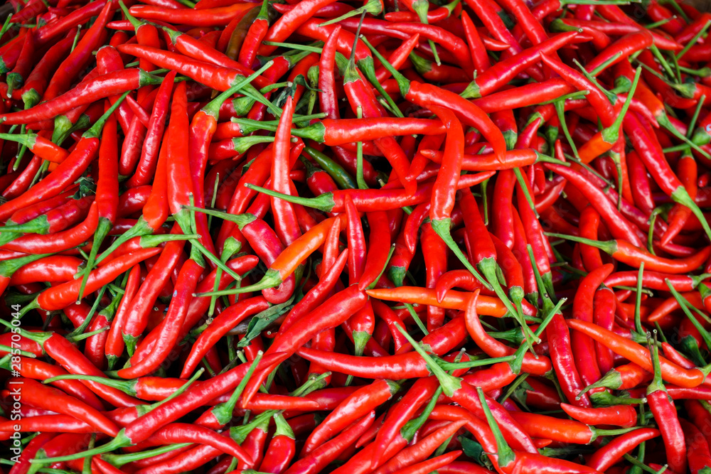 Hot chilli pepper fresh red chili for sale at fresh market.Background texture of fresh red pepper chili closeup