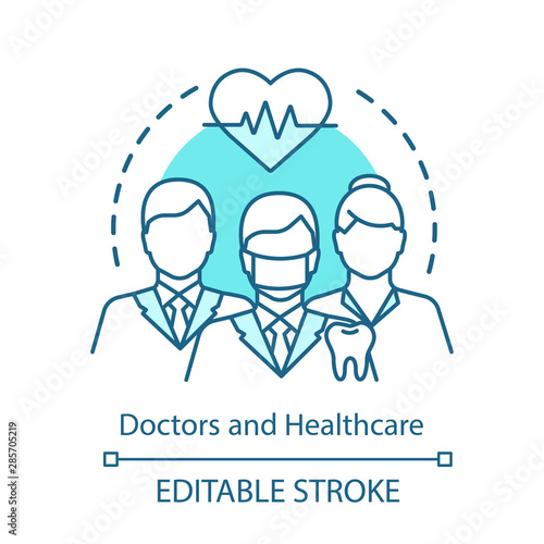 Healthcare workers concept icon. Doctors, cardiologists, dentists in uniform idea thin line illustration. Health monitoring, treatment. Vector isolated outline drawing. Editable stroke