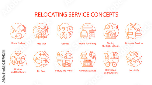 Moving house services concept icons set. Relocation, changing dwelling place idea thin line illustration. Living conditions, social life organization. Vector isolated outline drawing. Editable stroke © bsd studio
