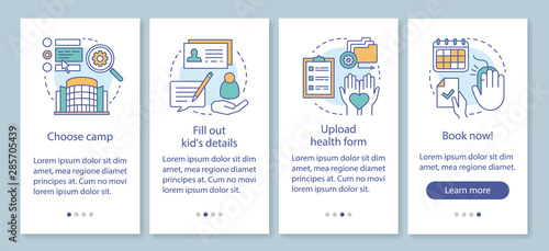 Camp booking onboarding mobile app page screen with linear concepts.Child holiday vacation reserving walkthrough steps graphic instructions. UX, UI, GUI vector template with illustrations