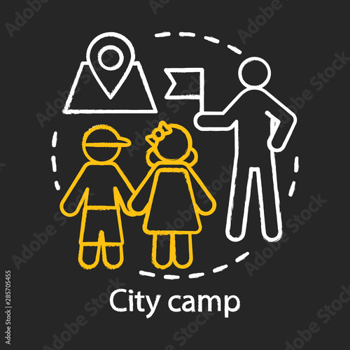 City camp chalk concept icon. Summer urban children club, holiday pastime idea. Exploring town, visiting city landmarks. Preschool road trip. Vector isolated chalkboard illustration