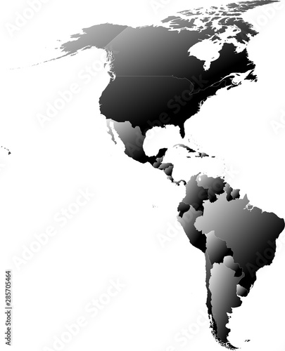 Map of American continent split into individual countries. Gradual coloring from white to black creating a 3D effect.