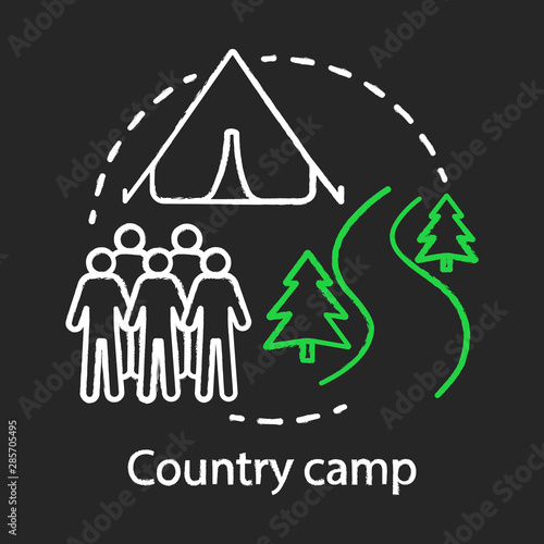 Country tent camp chalk concept icon. Summer hiking adventure and camping club, holiday resort idea.Travelling in woods, backpacking in forest. Vector isolated chalkboard illustration