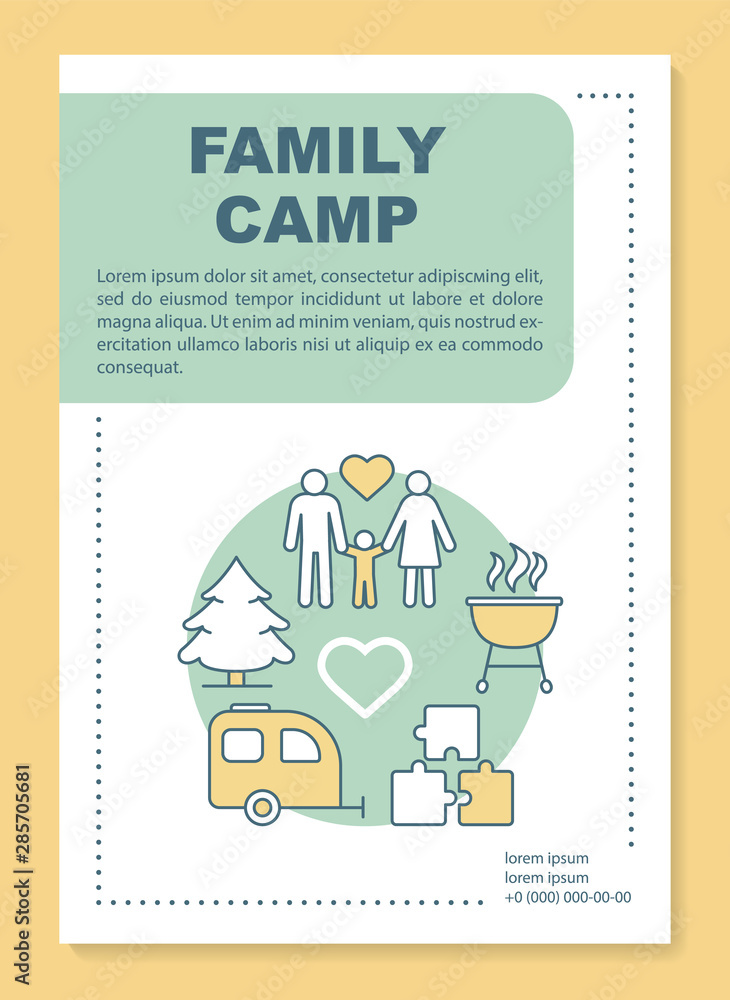 Parenthood camp vacation, holiday brochure template layout. Flyer, booklet, leaflet print design with linear illustrations. Vector page layouts for magazines, annual reports, advertising posters