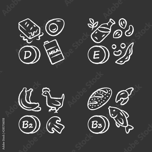 Vitamins chalk icons set. D, E, B2, B3 vitamins natural food source. Dairy products, nuts. Proper nutrition. Healthy food. Minerals, antioxidants. Isolated vector chalkboard illustrations