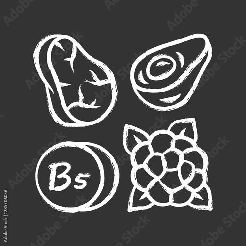 Vitamin B5 chalk icon. Meat, avocado and cauliflower. Healthy eating. Pantothenic acid natural food source. Proper nutrition. Minerals, antioxidants. Isolated vector chalkboard illustration
