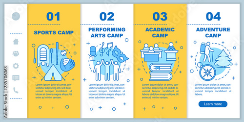 Hobby, talent camps onboarding mobile web pages vector template. Responsive smartphone website interface idea with linear illustrations. Webpage walkthrough step screens. Color concept