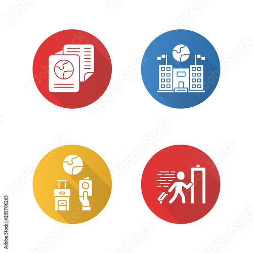 Immigration flat design long shadow glyph icons set. Embassy and consulate building. Travel documents, security check. Refugee, immigrant. Travelling abroad. Vector silhouette illustration