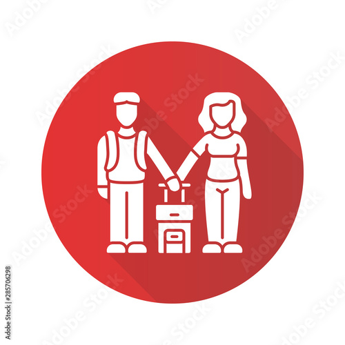 Family class immigrants red flat design long shadow glyph icon. Couple travel abroad with suitcase. Family vacation. Honeymoon trip. Tourists, travelers, passengers. Vector silhouette illustration