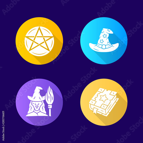 Magic flat design long shadow glyph icons set. Pentagram, wizard hat, witch, spell book. Witchcraft, occult ritual items. Mystery objects. Vector silhouette illustration