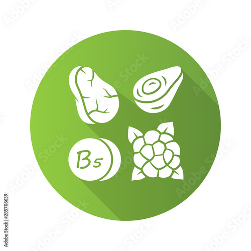 Vitamin B5 green flat design long shadow glyph icon. Meat, avocado and cauliflower. Healthy eating. Pantothenic acid natural food source. Minerals, antioxidants. Vector silhouette illustration