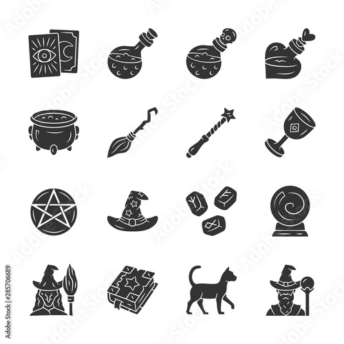 Magic glyph icons set. Witchcraft, sorcery Halloween item. Occult, gypsy mystic rituals tools. Fortune telling, divination. Superstitions & predictions. Silhouette symbol. Vector isolated illustration
