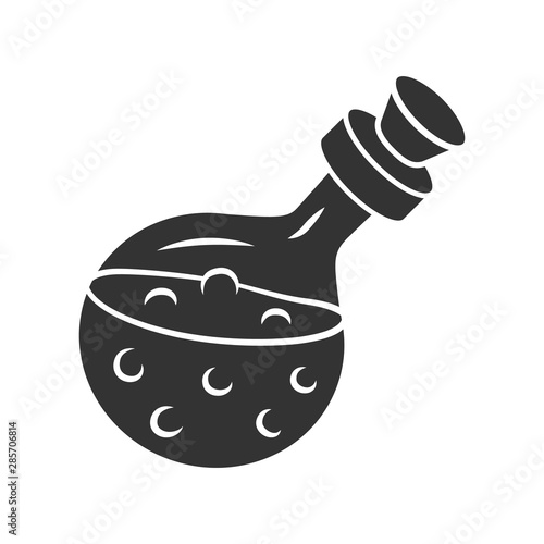 Magic potion bottle glyph icon. Silhouette symbol. Alchemy and apothecary liquid. Magical elixir, drink, wizard poison in glass flask. Occultism & witchcraft spell. Vector isolated illustration