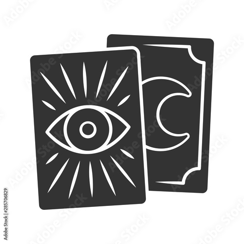 Tarot cards glyph icon. Silhouette symbol. Tarocchi, tarock, oracle playing cards. Fortune telling, divination, cartomancy. Magic and superstition. Negative space. Vector isolated illustration
