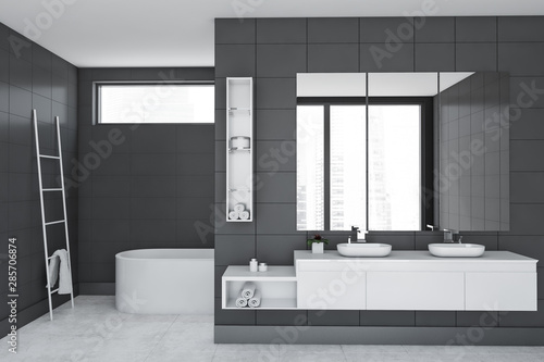 Luxury gray tile bathroom interior  double sink