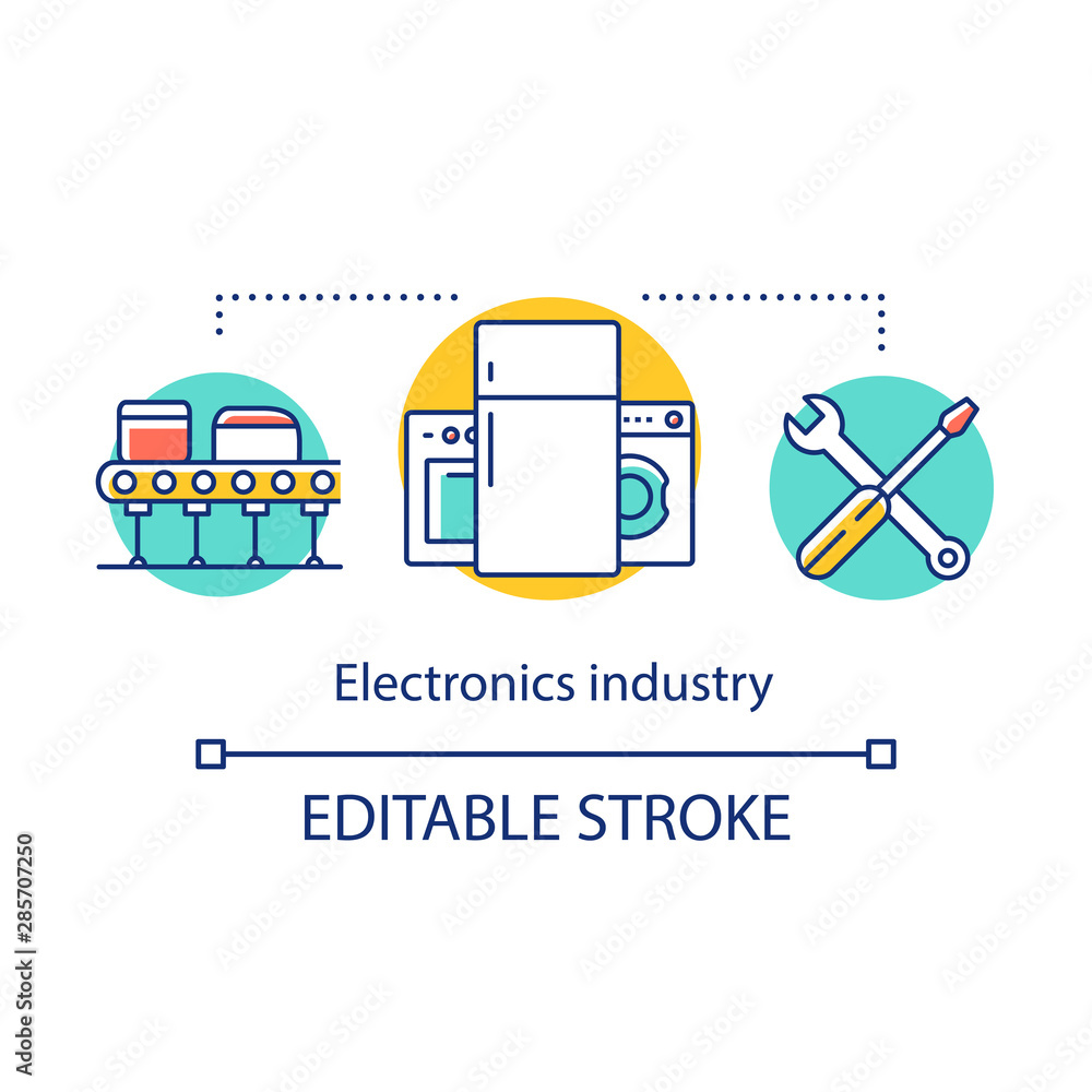 Electronics industry concept icon. Electrical engineering sector. Appliances producing, repair and maintenance idea thin line illustration. Vector isolated outline drawing. Editable stroke