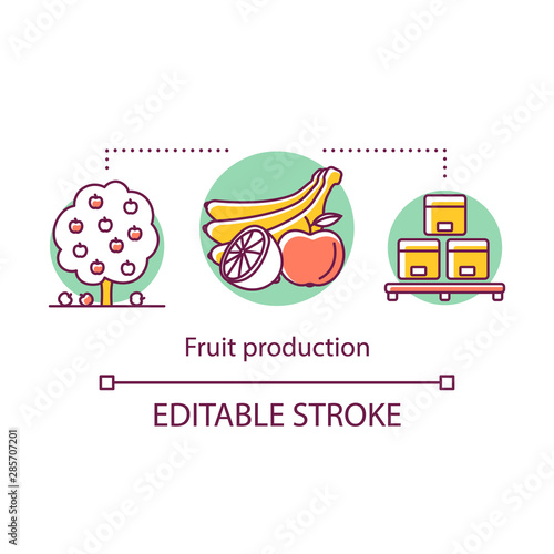 Fruit production concept icon. Organic vegetarian foods. Growing harvesting and transportation gardening products idea thin line illustration. Vector isolated outline drawing. Editable stroke