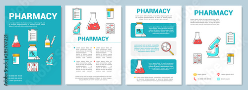 Medicine production industry template layout. Pharmacy research. Flyer, booklet, leaflet print design with linear illustrations. Vector page layouts for magazines, annual reports, advertising posters