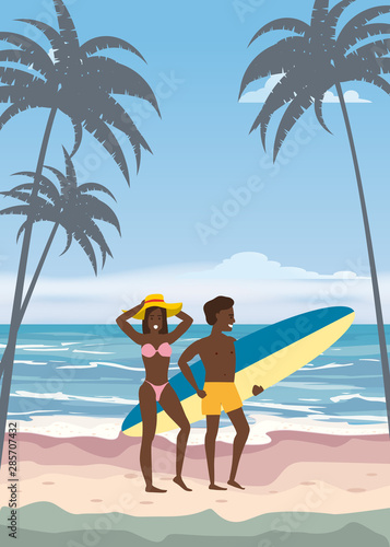 Happy Couple on Summer Vacation Beach. Wife and Husband enjoying Beach Vacation