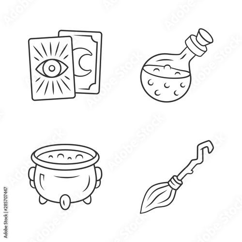 Magic linear icons set. Tarot cards, potion, witch cauldron and broomstick. Witchcraft and sorcery Halloween items. Thin line contour symbols. Isolated vector outline illustrations. Editable stroke