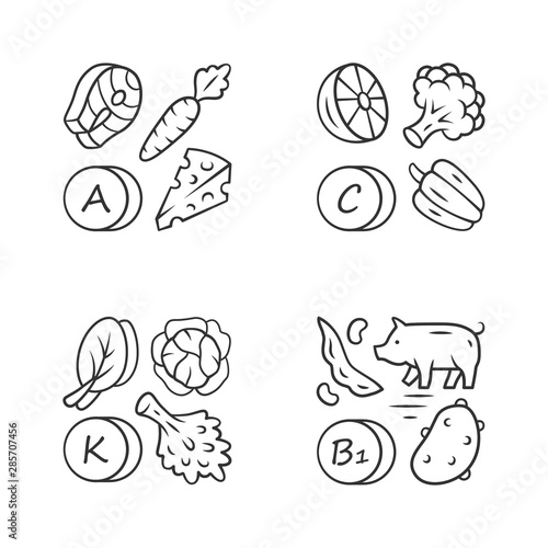 Vitamins linear icons set. A, C, B1, K vitamins natural food source. Vegetables, dairy products. Mineral, antioxidant. Thin line contour symbols. Isolated vector outline illustrations. Editable stroke