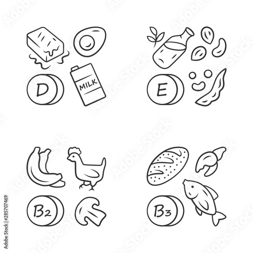 Vitamins linear icons set. D, E, B2, B3 vitamins natural food source. Dairy products, nuts. Minerals, antioxidants. Thin line contour symbols. Isolated vector outline illustrations. Editable stroke
