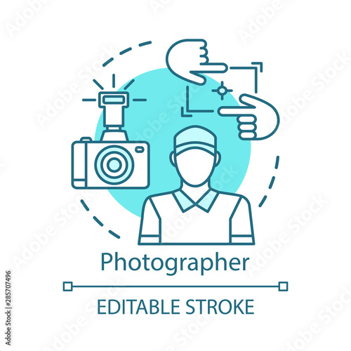 Photographer concept icon. Operator, correspondent idea thin line illustration. Digital camera, photo equipment. Photo journalist, reporter. Vector isolated outline drawing. Editable stroke