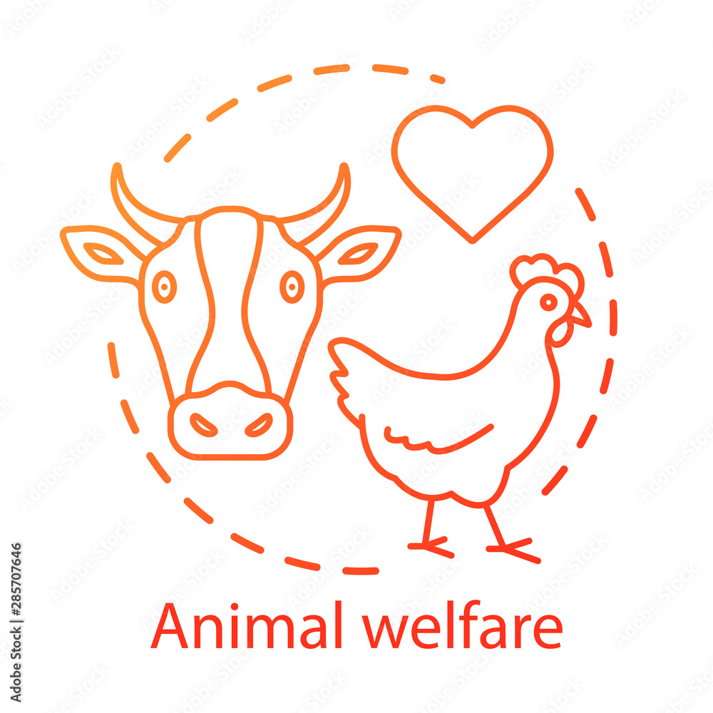 Fototapeta premium Animal welfare, shelter concept icon. Voluntary wildlife protection idea thin line illustration. Veterinary clinic, farming business. Heart symbol, chicken and cow vector isolated outline drawing