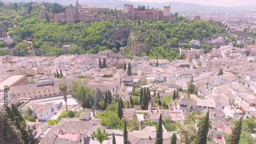 Aerial of Grenada Spain fortress village and town.