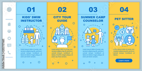 Summer part-time jobs onboarding mobile web pages vector template. Tour guide. Responsive smartphone website interface idea with linear illustrations. Webpage walkthrough step screens. Color concept