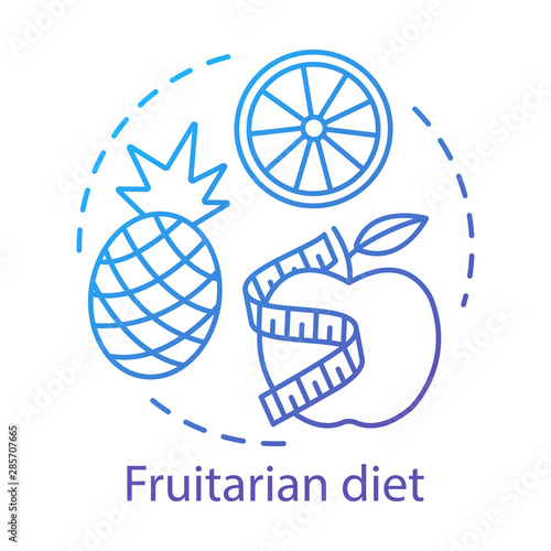 Fruitarian diet, vegetarian nutrition concept icon. Vegan lifestyle idea thin line illustration. Organic fruits, healthy food. Fresh apple, pineapple and orange vector isolated outline drawing