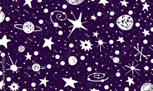 Hand drown scratch style night sky background. Space, stars and planets. Space violet and white abstract. Vector Illustration