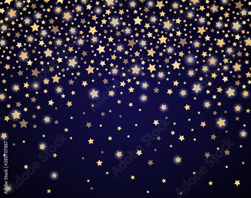 Abstract golden starfall effect pattern on blue background. Christmass and New year gift paper print. Anniversary glitter concept. Festive backdrop. Vector illustration