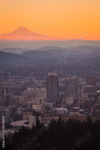 Sunrise views over the city of Portland Oregon and Mt Hood
