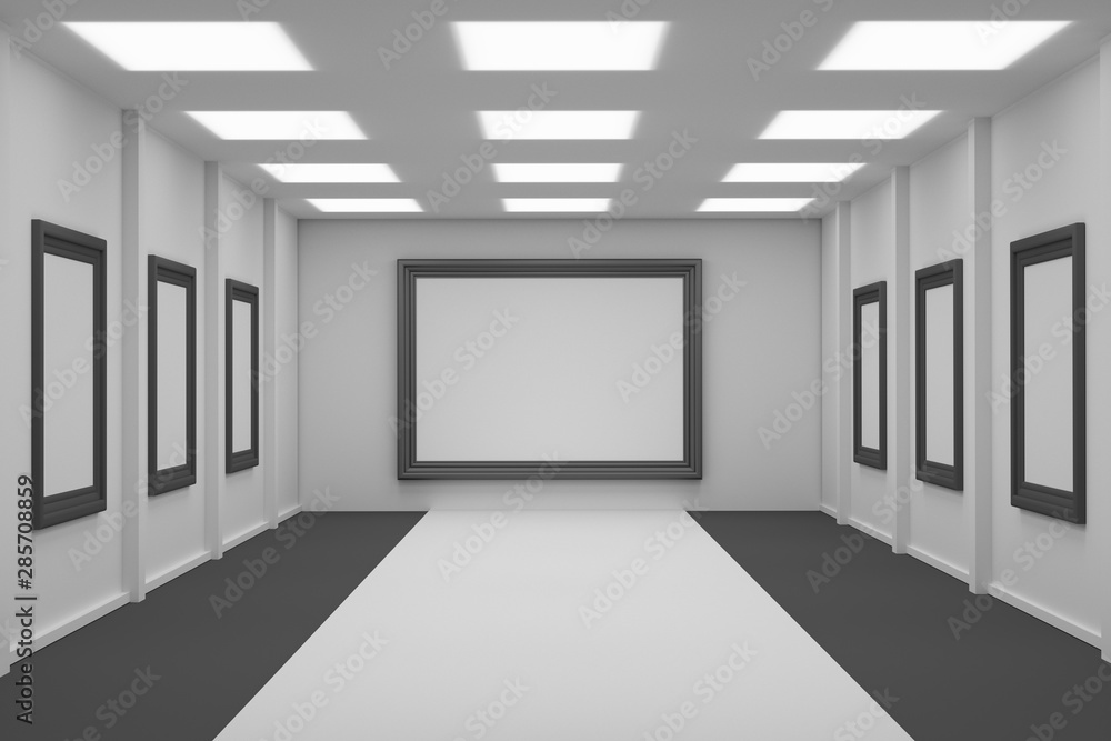 Large black picture frame hanging in a gallery. Exhibition space with blank picture frames. 3d illustration. Large black picture frame hanging in a gallery. Exhibition space with blank picture frames. 3d illustration.