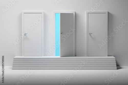 Concept illustration with white three doors and one opened leading to blue space. 3d illustration.