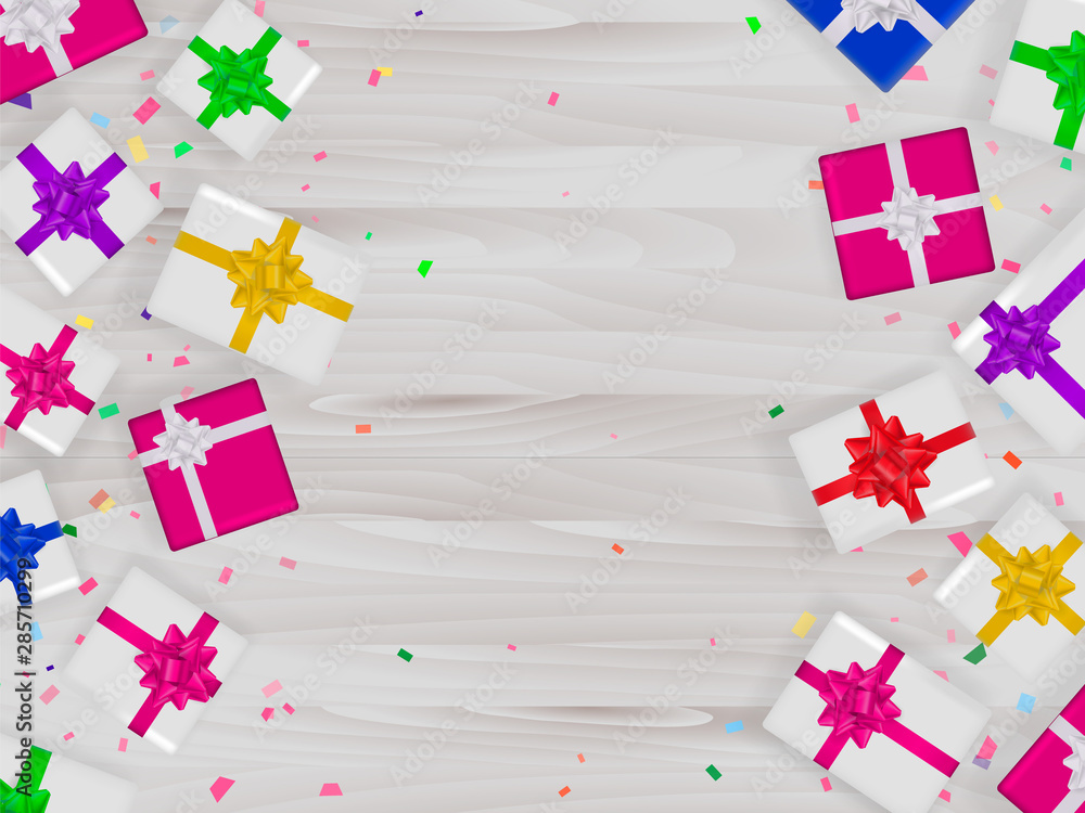 Obraz premium Background with many gift boxes with spaace for text. Vector illustration