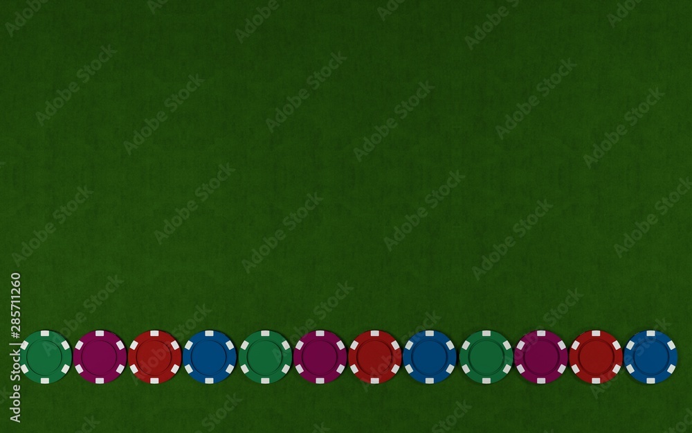 Casino poker chips on green felt background. Top view. 3d illustration Casino poker chips on green felt background. Top view. 3d illustration