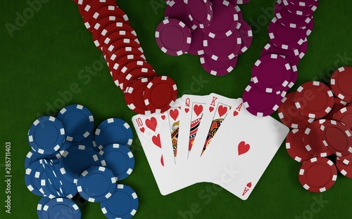 Poker chips stack with two cards. Two dices. On the green table. 3D rendering