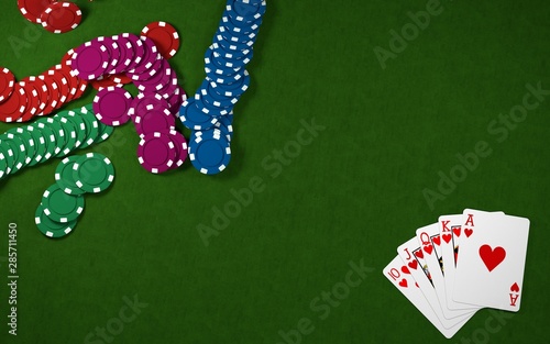 Poker chips stack with two cards. Two dices. On the green table. 3D rendering