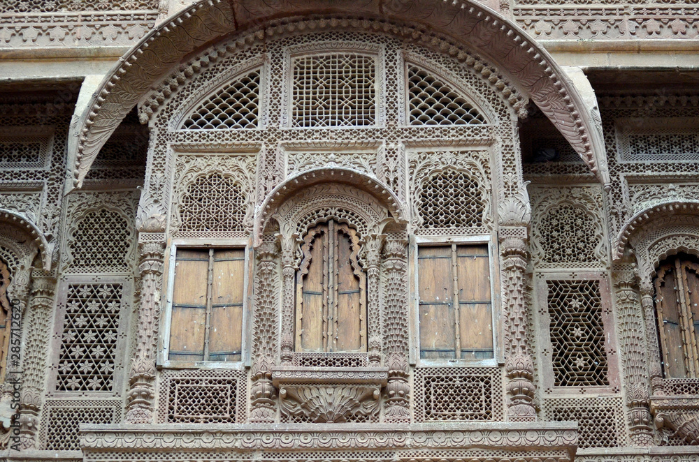 Detail of a typical Rajasthan facade, in India