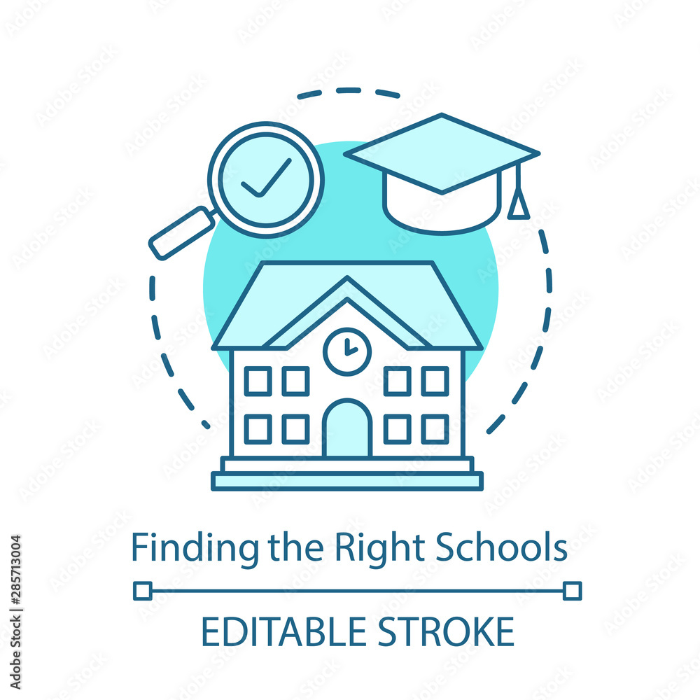 Fototapeta premium Finding right schools concept icon. Choosing educational institutions location idea thin line illustration. School, college selection. Vector isolated outline drawing. Editable stroke