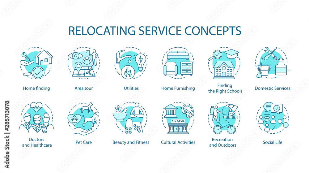 Relocation activities concept icons set. Moving house, dwelling place ...